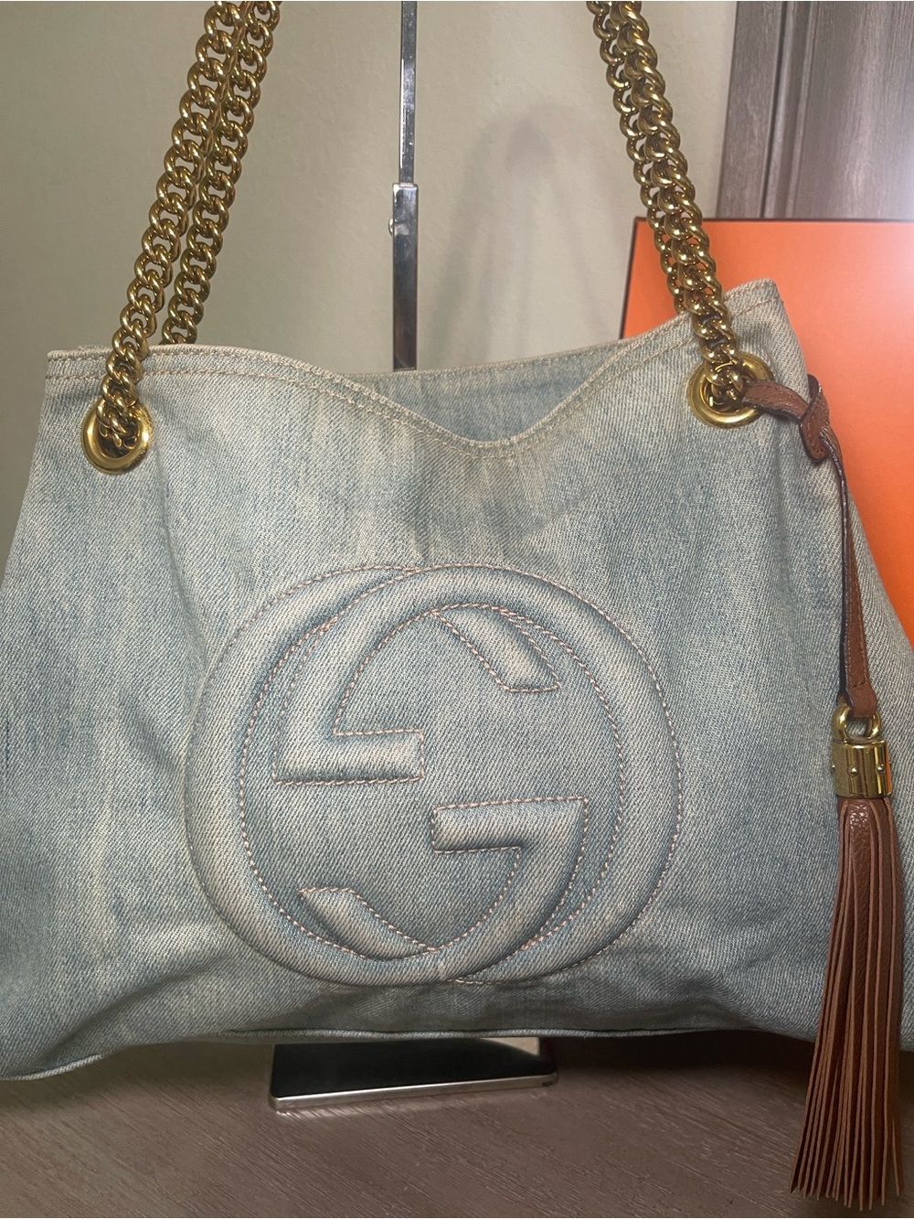 Gucci Light Blue Denim Shoulder Bag with Brown Leather Tassel - Picture 3 of 13